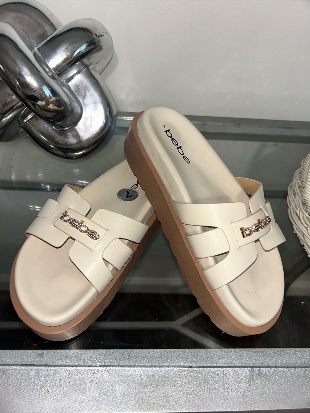 bebe Cream Platform Slide Sandals with Gold Accent